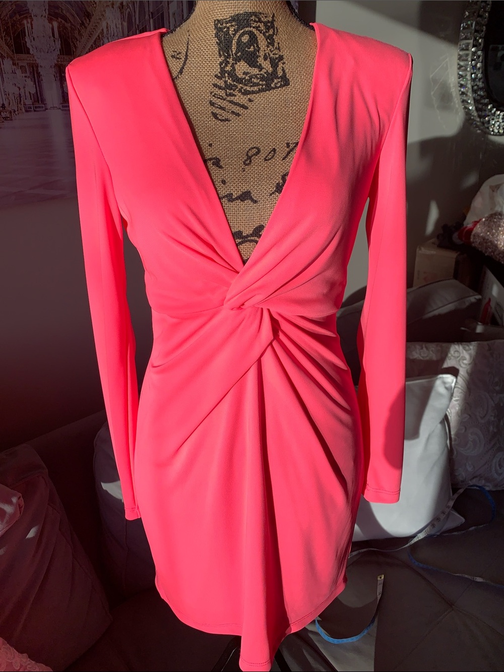 Zara Sexy Neon Coral Pink Long Sleeve Twist Front Mini Dress